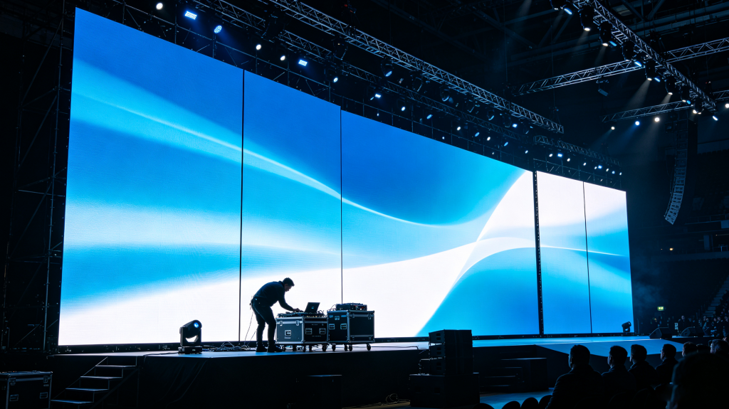 Rental LED screen setup at a large event, showing modular display wall, bright content, stage lighting and event crew