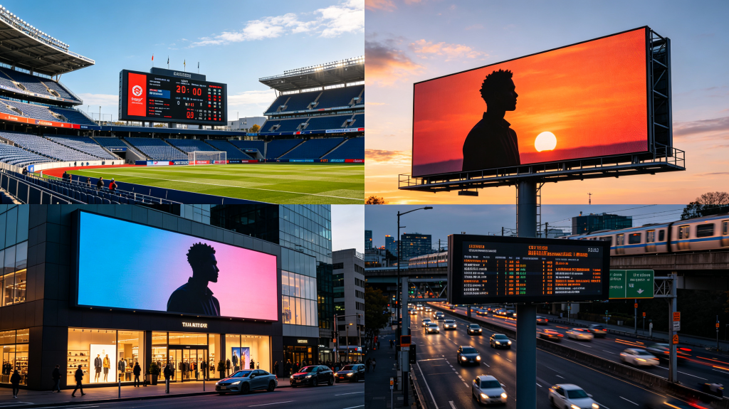 Outdoor LED screen applications: sports venue scoreboard, retail storefront advertising, transportation hub information display and outdoor billboard	