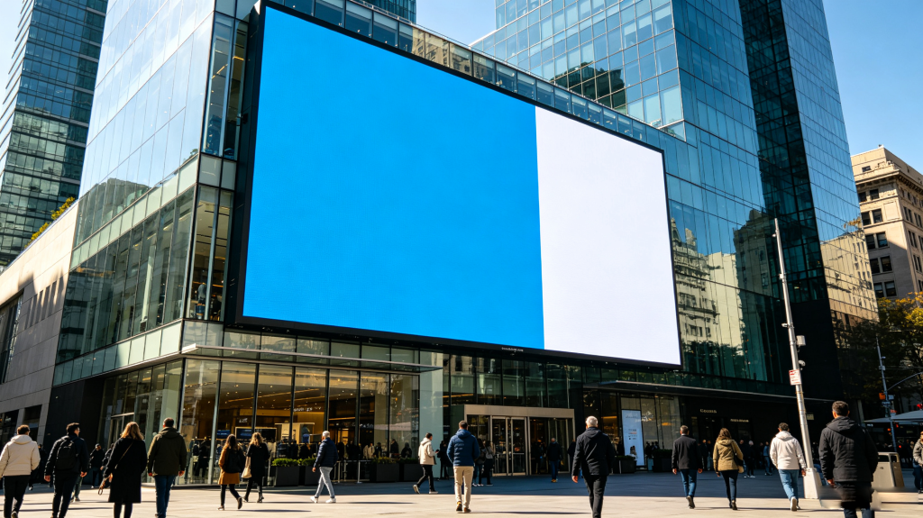 Large outdoor LED screen installed on a commercial building facade, showing bright and clear content under direct sunlight in an urban plaza	