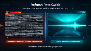 LED refresh rate comparison, 3840Hz vs 7680Hz, no scan lines for camera shooting