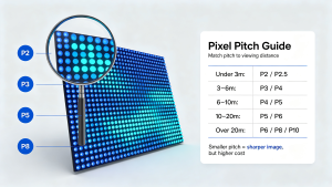 LED pixel pitch guide chart, recommended pixel pitch based on viewing distance for LED display