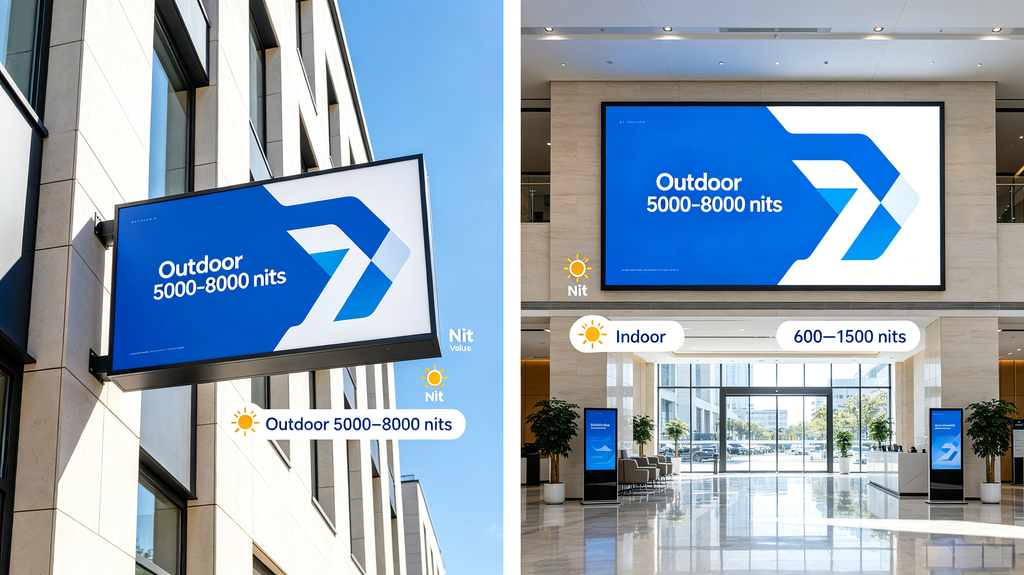 Indoor and outdoor LED signage light compare brightness nits for daylight visibility