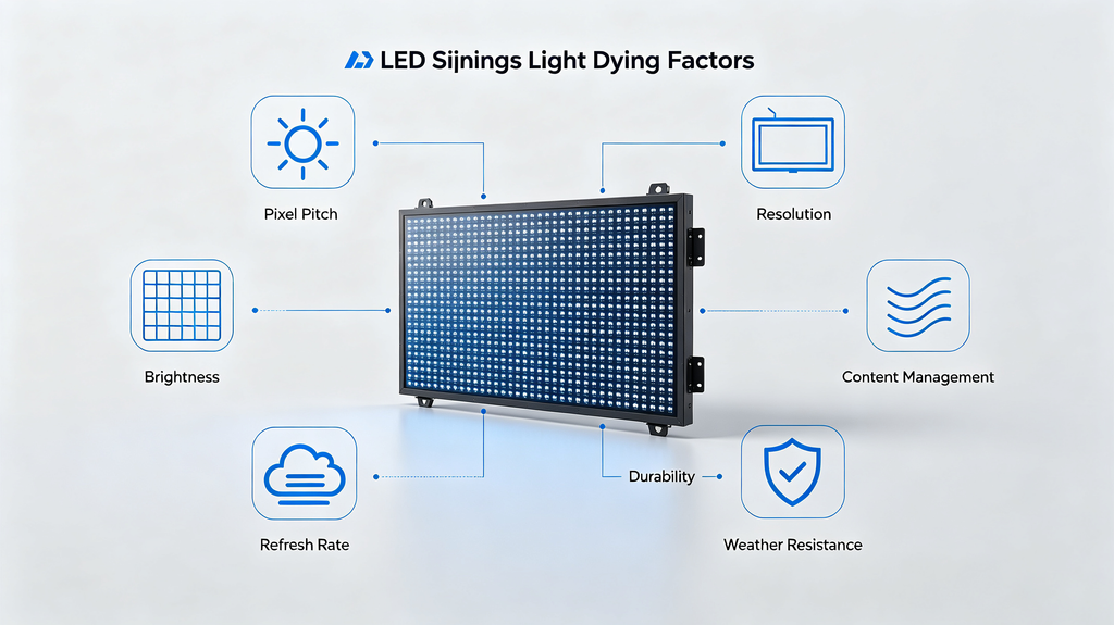 7 key buying factors for LED signage light: pixel pitch, brightness, resolution, refresh rate, content management, durability, weather resistance