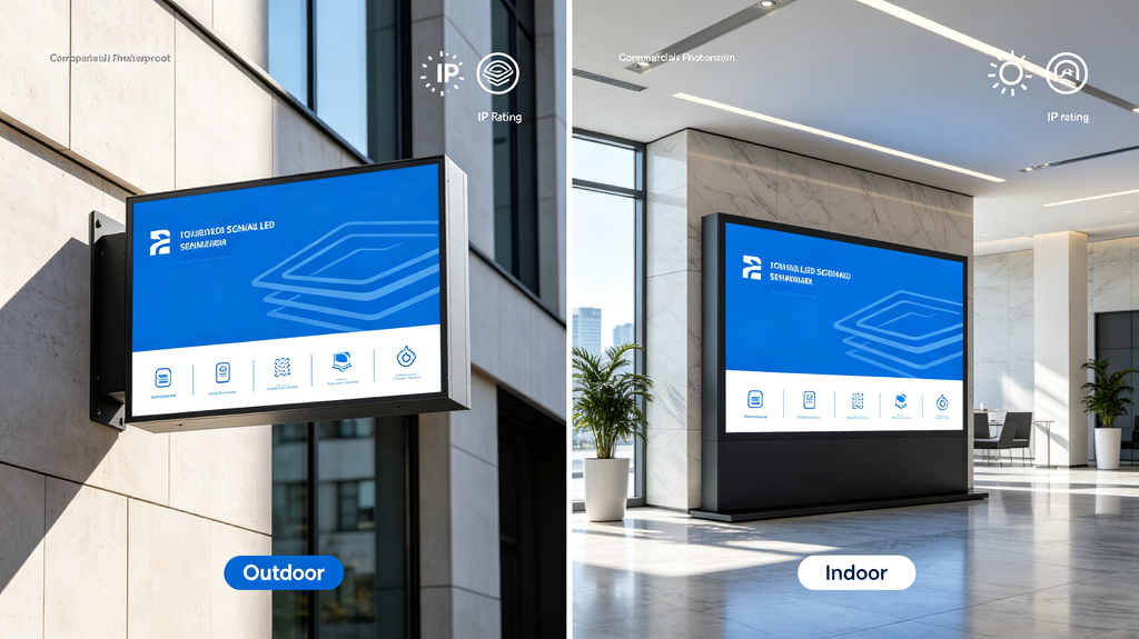 Indoor and outdoor LED signage light compare brightness nits and IP65 weather resistance rating