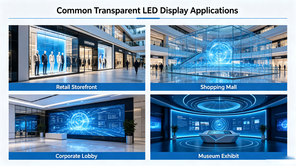 Transparent LED display applications for retail, mall, corporate lobby and museum
