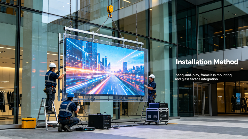 Technician installing transparent LED display screen on glass facade with mounting structure