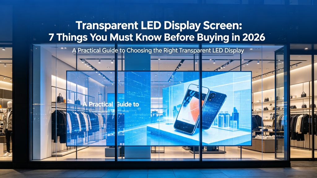 Transparent LED display screen installed in retail storefront window, see-through digital signage