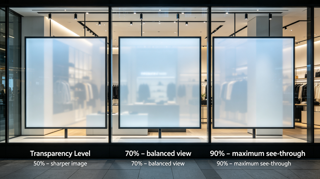 Transparency level comparison for transparent LED screen, 50% 70% 90% see-through effect