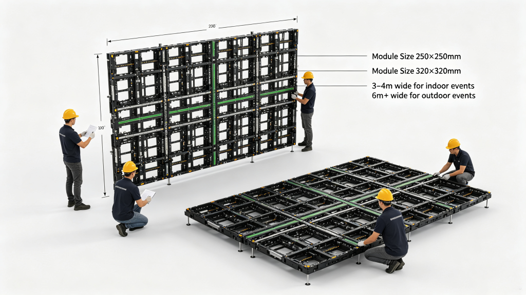 LED rental screen module size and screen configuration for indoor and outdoor events