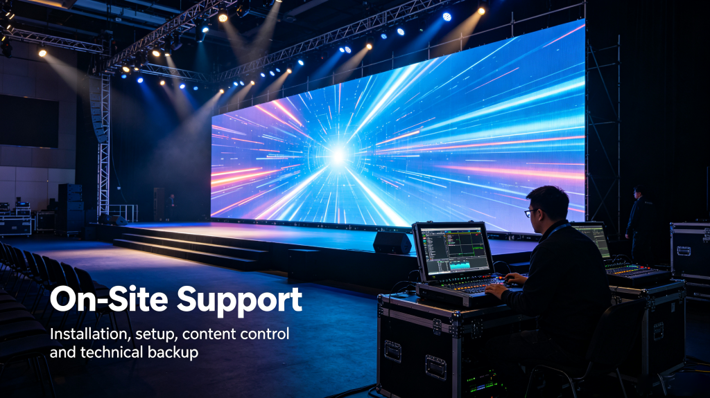 On-site technician installing and controlling LED screen display for event