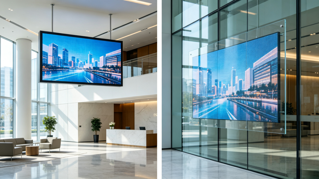Hang-and-play and frameless glass mounting methods for transparent LED panel	