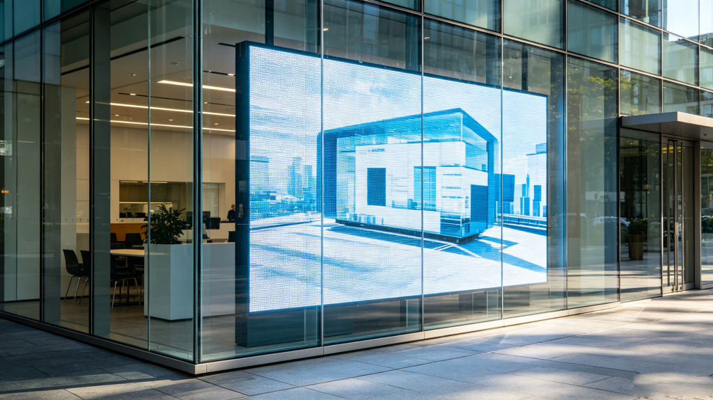 Finished transparent LED panel project on building glass facade	