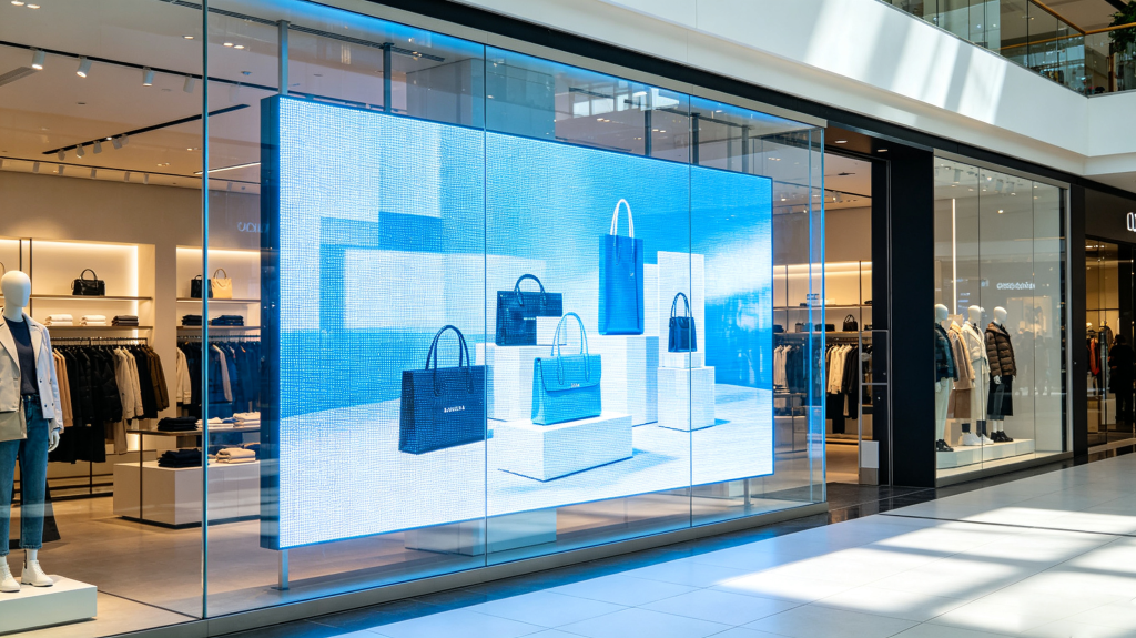 Transparent LED panel installed on retail storefront glass window for advertising	