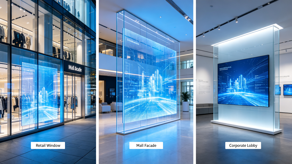 Transparent LED panel applications for retail window, mall facade and corporate lobby	