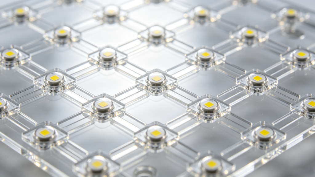 Close-up of transparent LED panel module showing LED grid and see-through gaps	