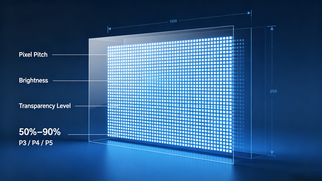 Transparent LED panel spec guide including pixel pitch, brightness and transparency level	