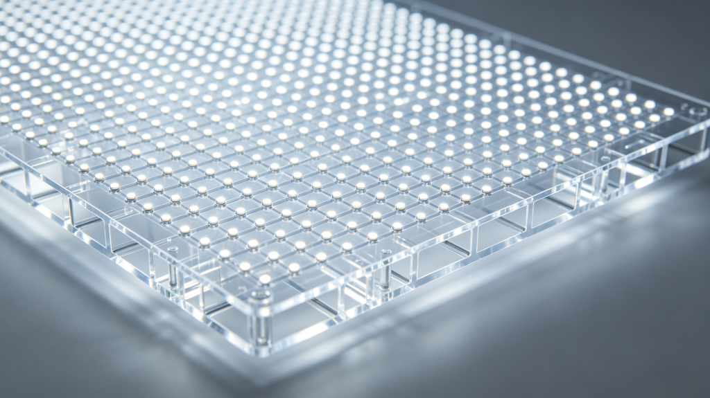 Close-up of LED screen transparent panel showing LED grid and see-through gaps