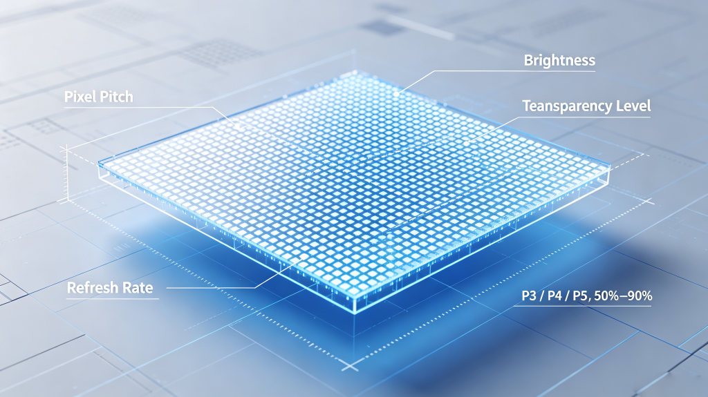 LED screen transparent key specs including pixel pitch, brightness, transparency and refresh rate