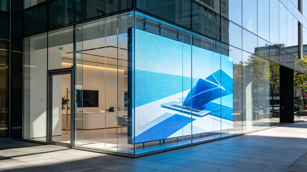 Finished LED screen transparent project on building glass facade for supplier evaluation
