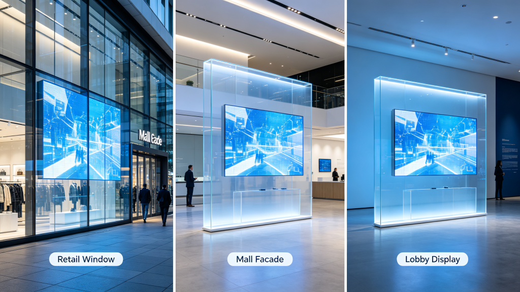 LED screen transparent applications for retail window, mall facade and corporate lobby