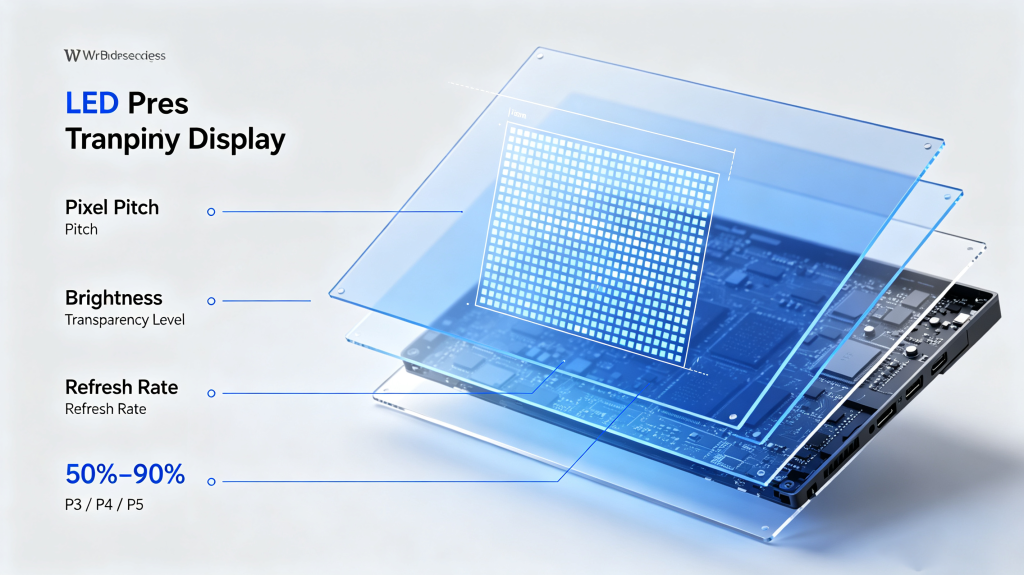 LED transparent display key specs: pixel pitch, brightness, transparency and refresh rate	