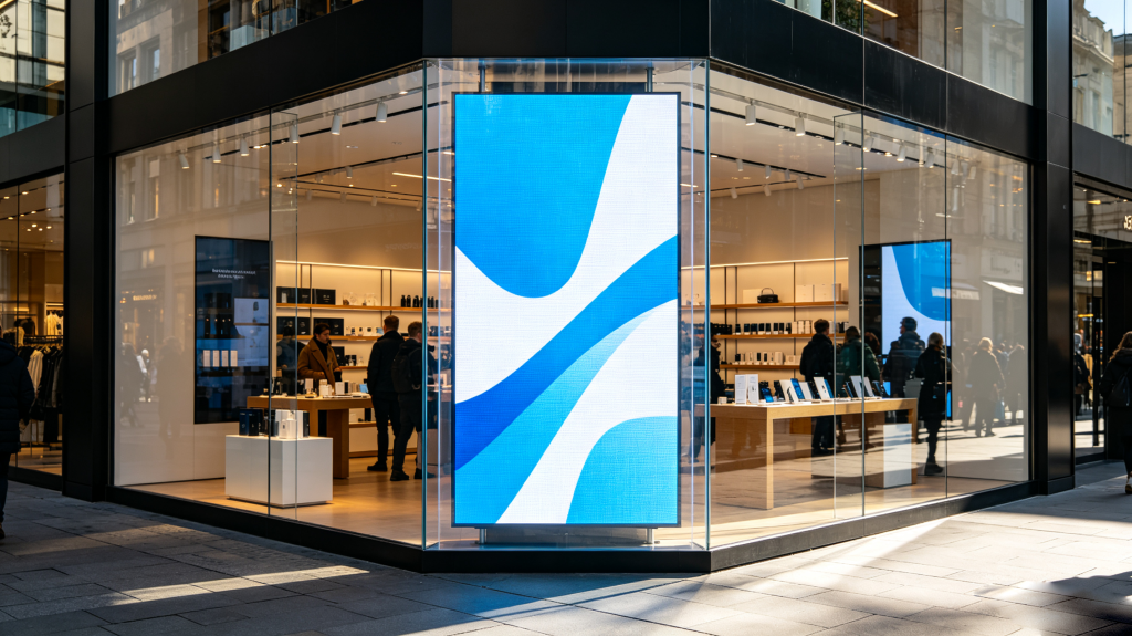 LED transparent display installed on retail storefront glass for advertising	
