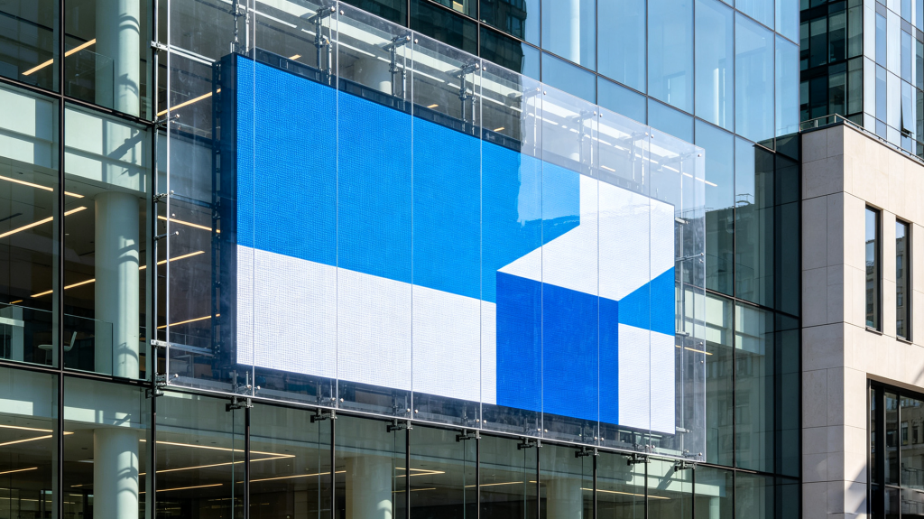 Completed LED transparent display project on modern building glass facade	