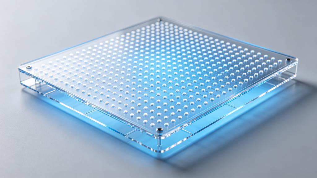 Close-up of LED transparent display panel showing LED grid and see-through gaps	