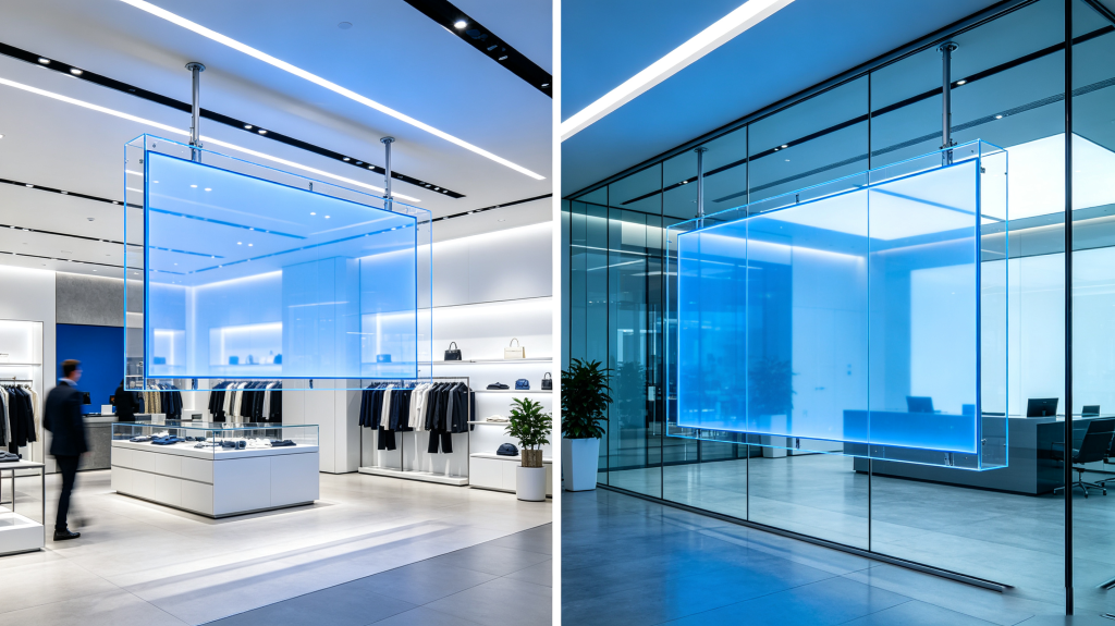 Hang-and-play and frameless glass mounting for LED transparent display	