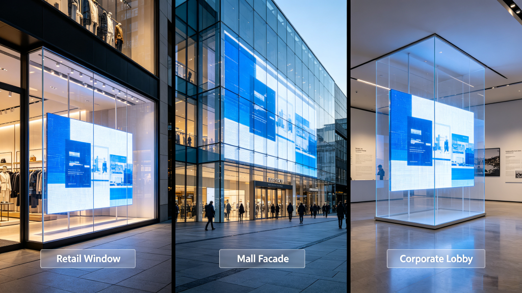 LED transparent display applications for retail, mall facade and corporate lobby	