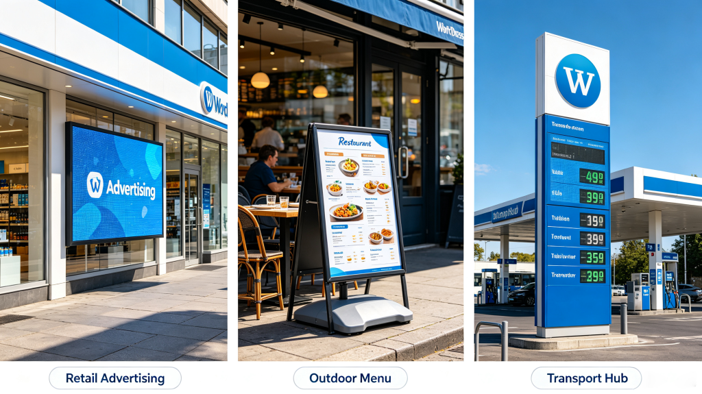 Outdoor LED screen applications for retail advertising, menu boards and transport hubs	