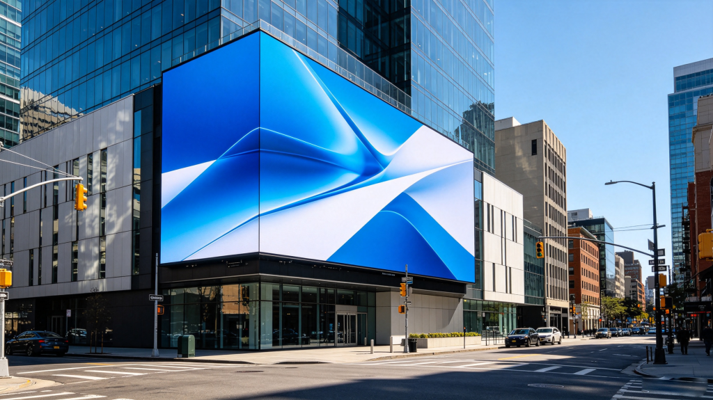 Outdoor LED screen display mounted on modern city building facade for advertising	
