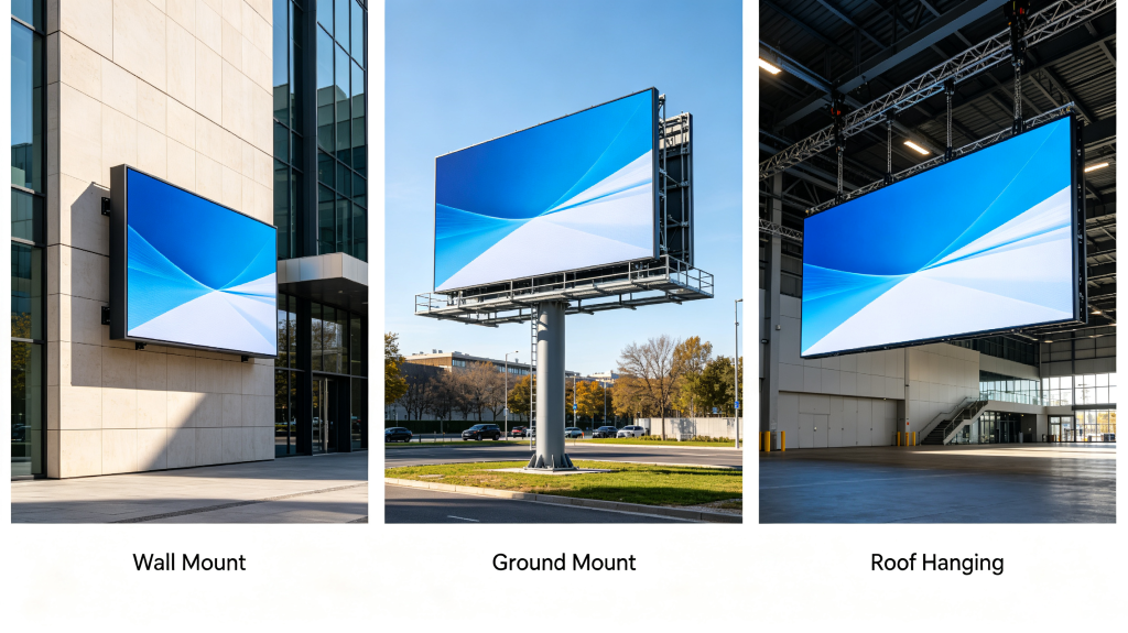 Wall mount, ground mount and roof hanging installation for outdoor LED screen	