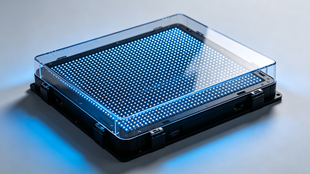 Close-up of outdoor LED screen display module showing LED grid and sealed cabinet	