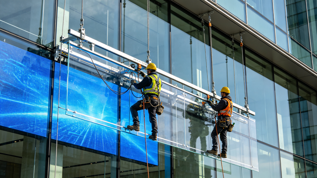 Completed commercial transparent LED screen project on building glass curtain wall indoor side