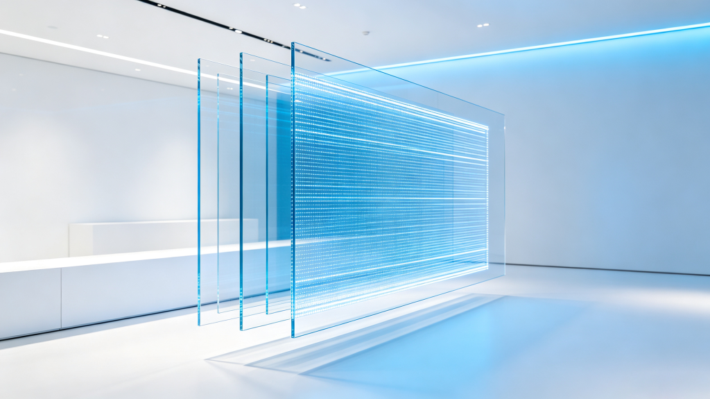 Macro closeup of transparent LED screen panel grid, hollow gap design for light transmission
