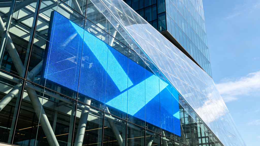 Transparent LED screen display installed on retail shop glass window, daytime see-through advertising effect