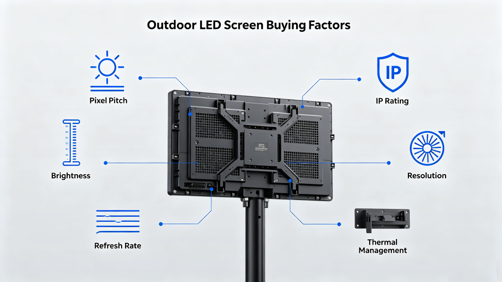 7 key specs for outdoor LED screen: pixel pitch, brightness, IP rating, resolution, refresh rate, thermal management, mounting