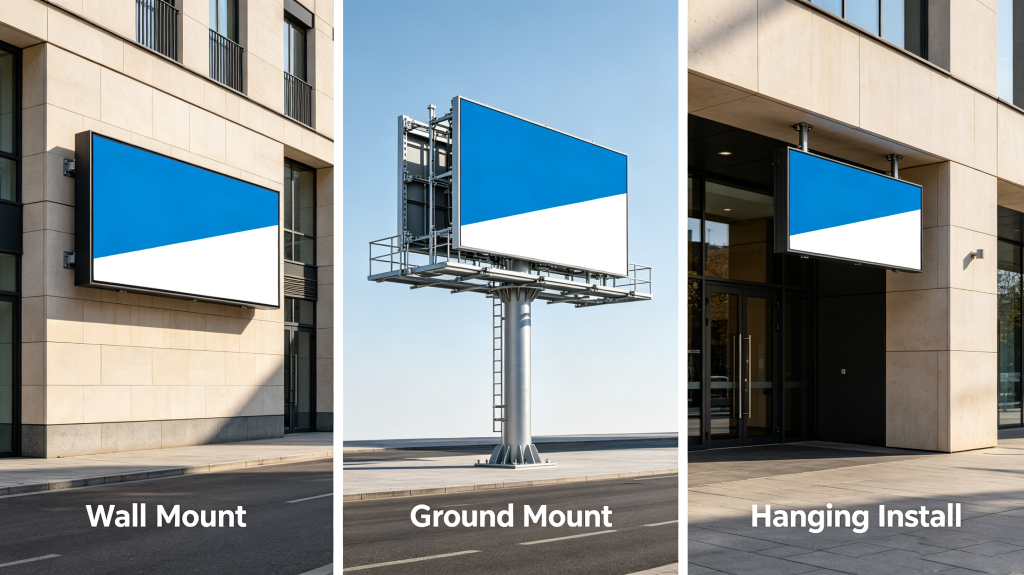 Wall mount, ground mount and hanging installation for outdoor LED screen