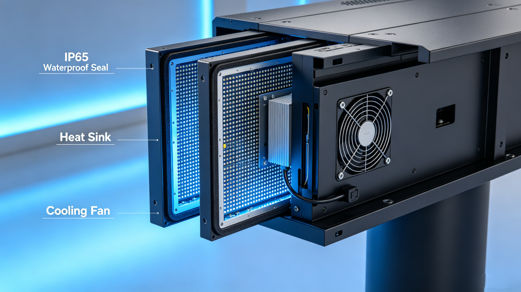 Outdoor LED screen cabinet showing waterproof seal, cooling fan and heat sink
