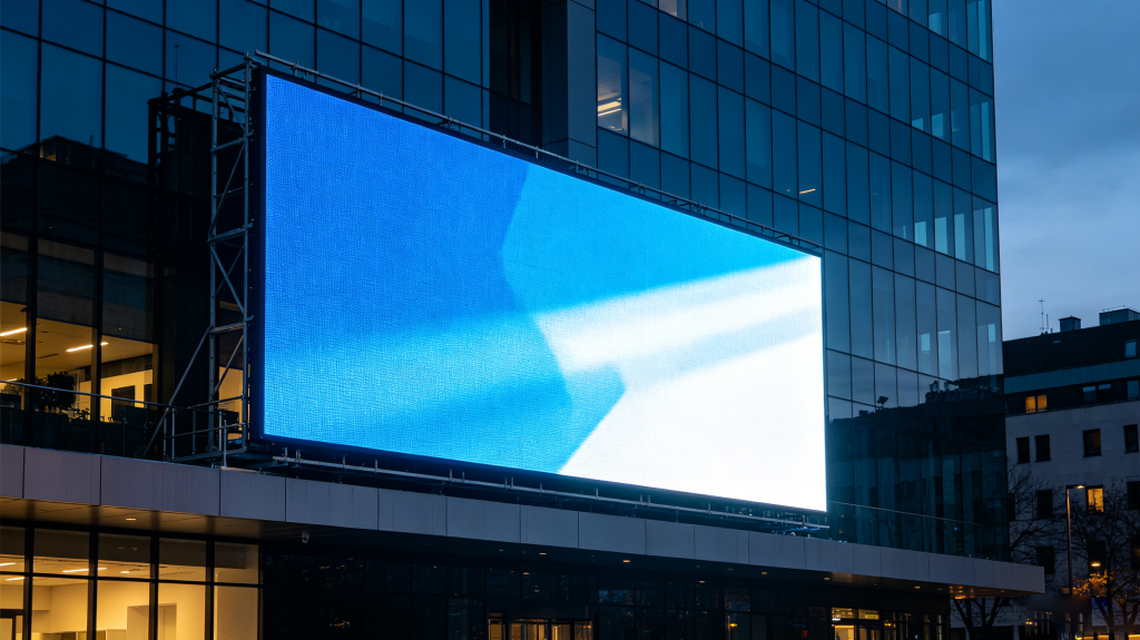 Completed outdoor LED screen project on modern building facade at dusk