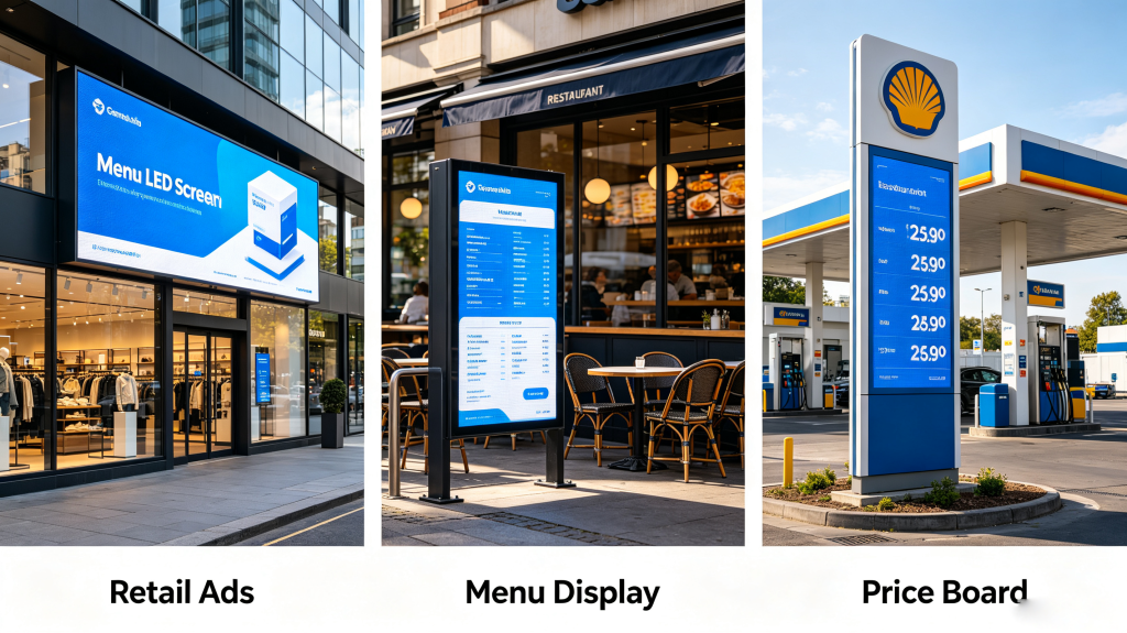 Outdoor LED screen applications: retail advertising, restaurant menu display, gas station price board