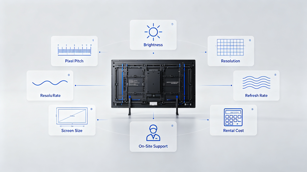 7 key factors for renting LED display: pixel pitch, brightness, resolution, refresh rate, screen size, support, cost