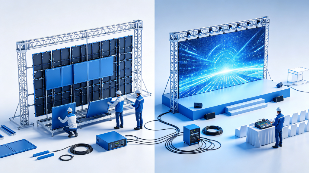 LED display rental assembly and on-site setup process by technicians
