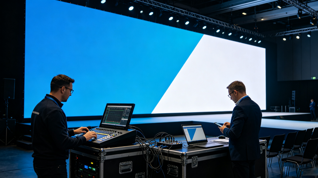 On-site technician supporting rental LED display during corporate event