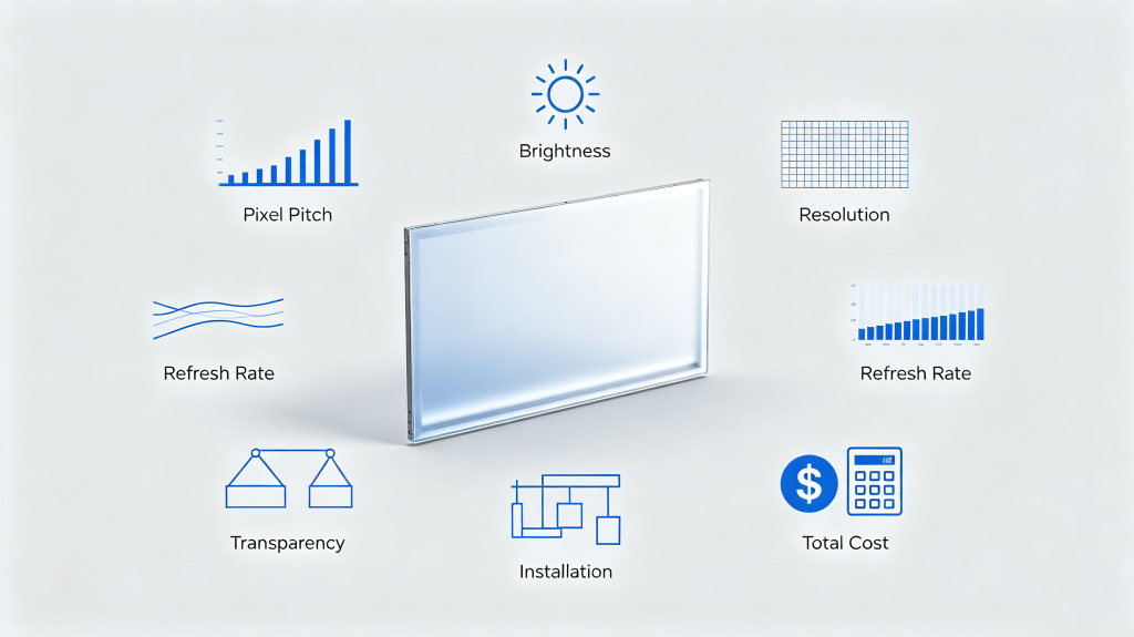7 key buying factors for translucent LED screen: pixel pitch, brightness, resolution, refresh rate, transparency, installation, total cost