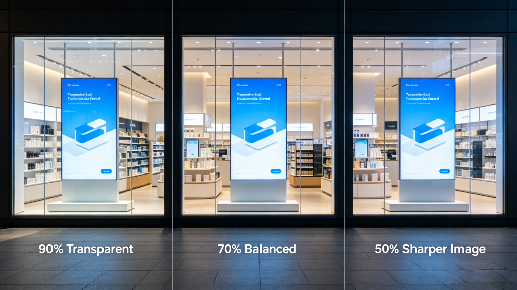 Translucent LED screen transparency levels: 90% clear view, 70% balanced, 50% sharper image