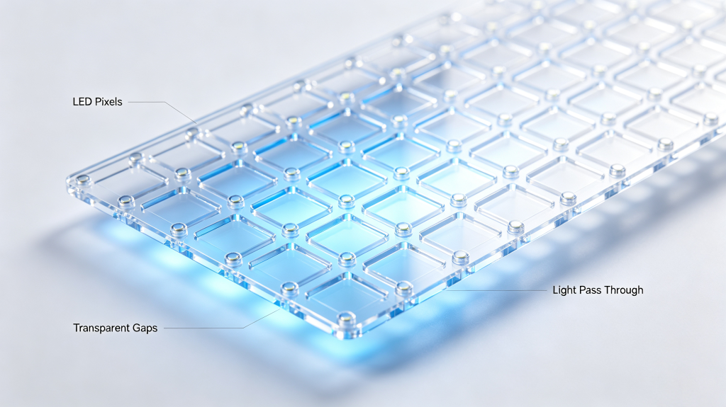 Close-up of translucent LED screen panel showing LED pixels, transparent gaps and light pass through