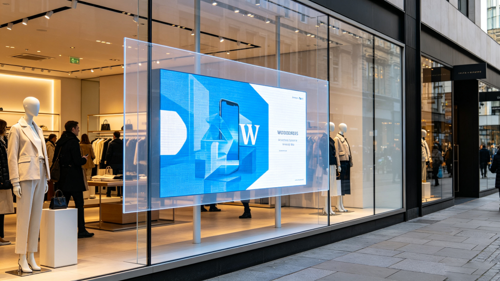 Translucent LED screen installed on retail storefront glass window with see-through advertising effect