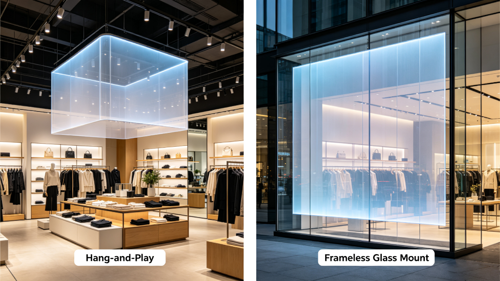 Hang-and-play and frameless glass mount installation methods for translucent LED screen